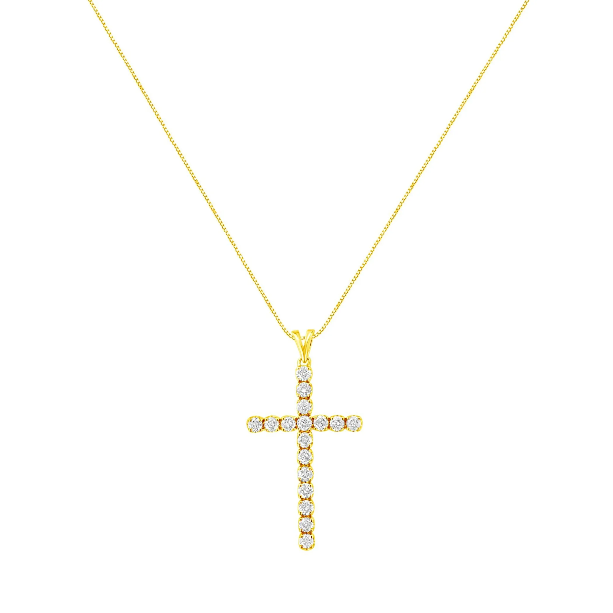 10k Yellow Gold Plated .925 Sterling Silver 2.0 cttw Classic Prong Set Round-Cut Diamond Cross 18" Pendant Necklace (J-K Color, I1-I2 Clarity)