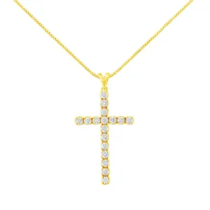 10k Yellow Gold Plated .925 Sterling Silver 2.0 cttw Classic Prong Set Round-Cut Diamond Cross 18" Pendant Necklace (J-K Color, I1-I2 Clarity)