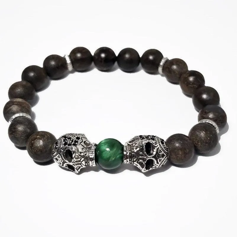 10mm Natural Bronzite Stone and Two Skull Bead Bracelet