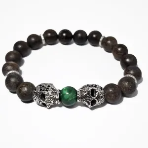 10mm Natural Bronzite Stone and Two Skull Bead Bracelet