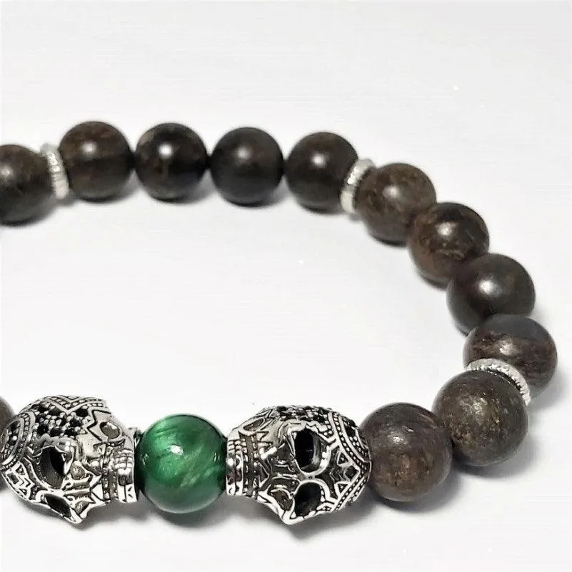 10mm Natural Bronzite Stone and Two Skull Bead Bracelet