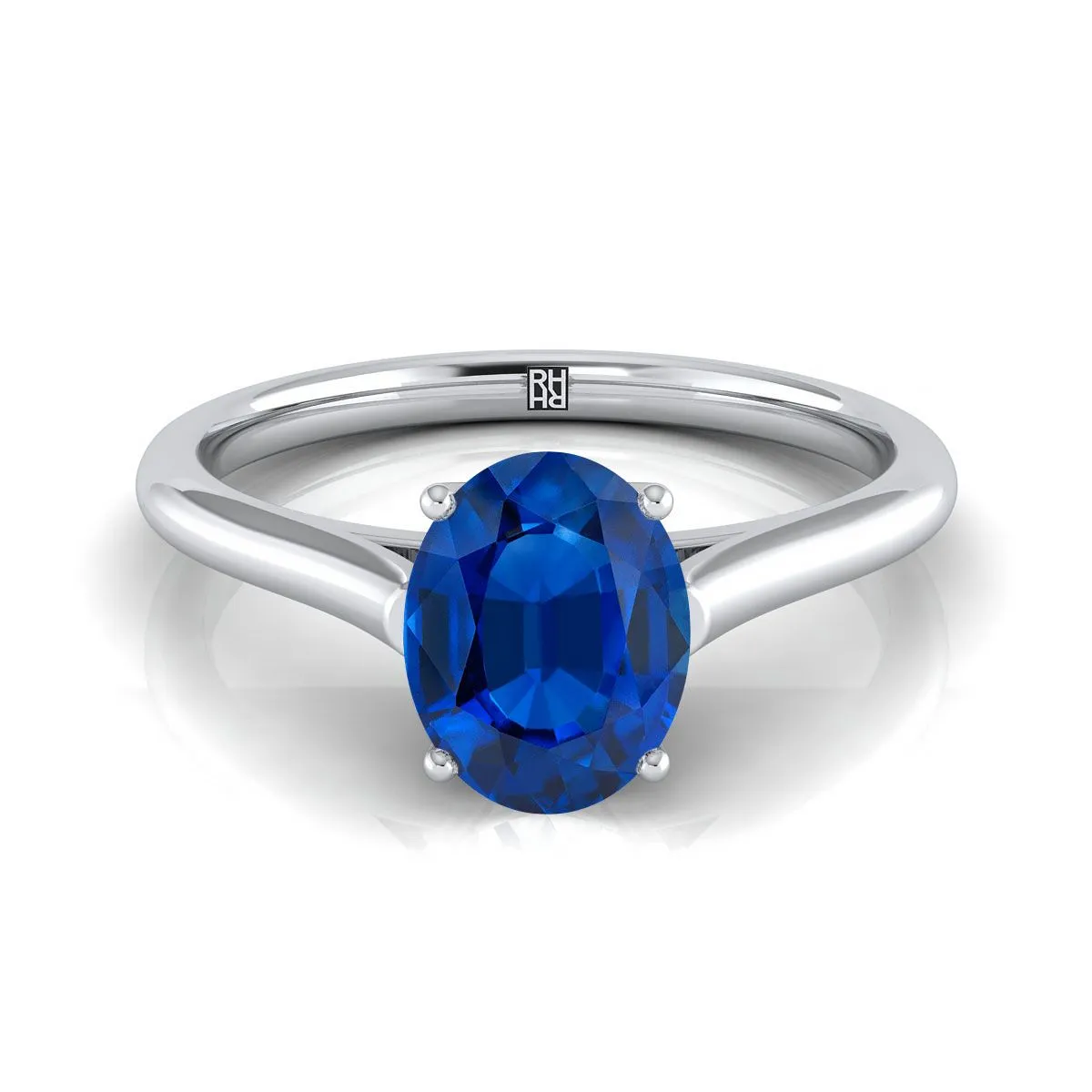 14K White Gold Oval Sapphire Cathedral Style Comfort Fit Solitaire Engagement Ring