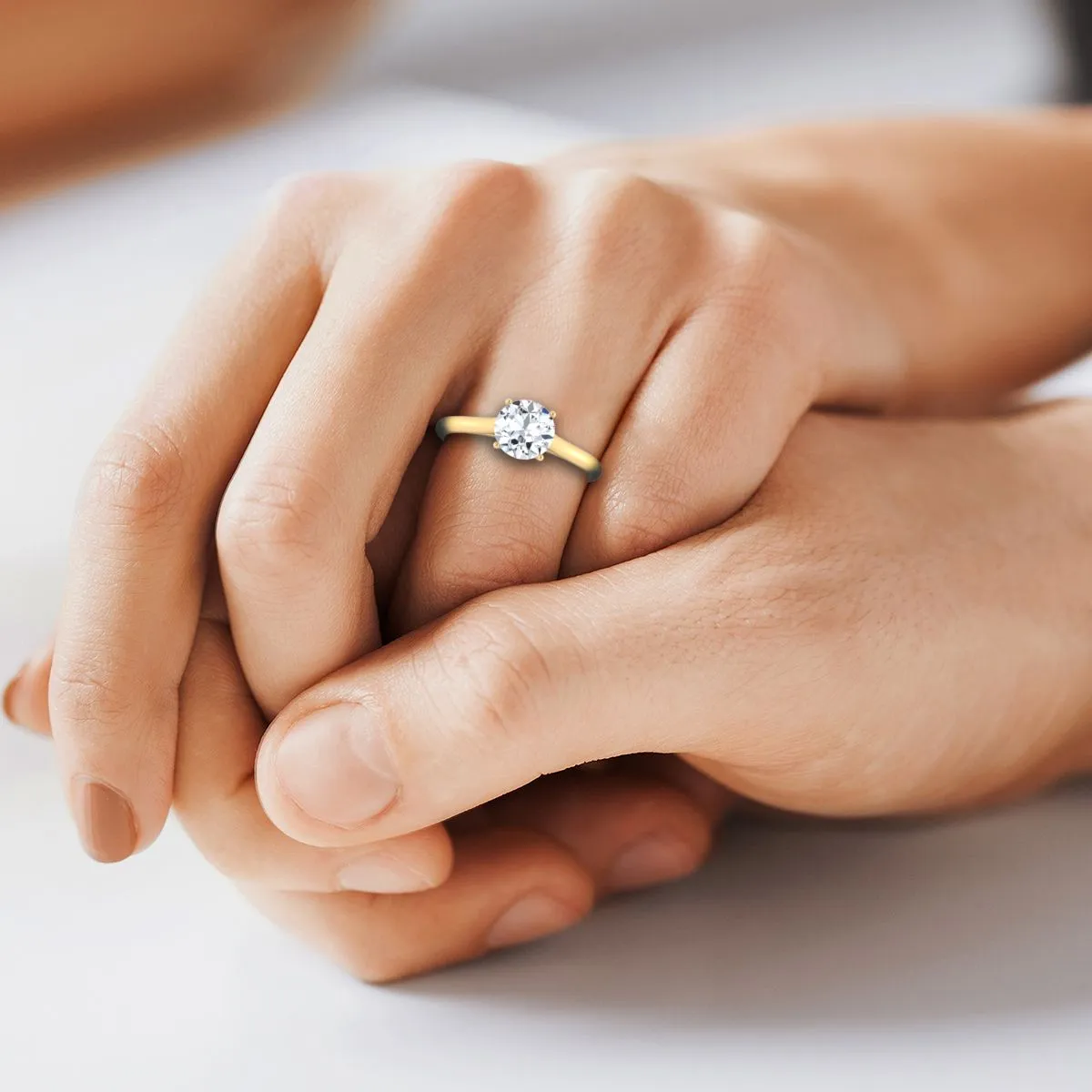 18K Yellow Gold Round Brilliant Aquamarine Cathedral Style Comfort Fit Solitaire Engagement Ring