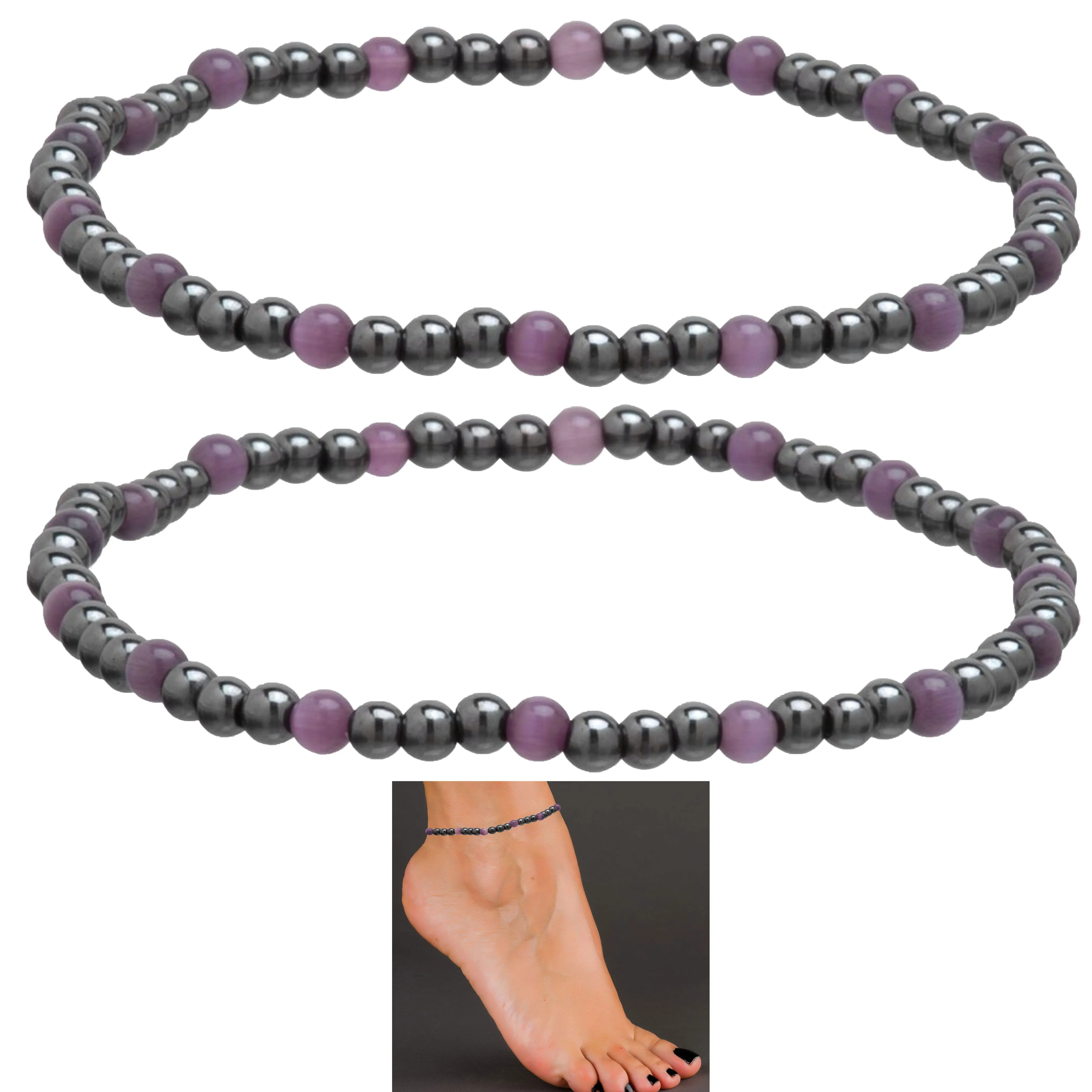 2 X Amethyst Anklet Magnetic Therapy Ankle Bracelets Healing Lymphatic Drainage