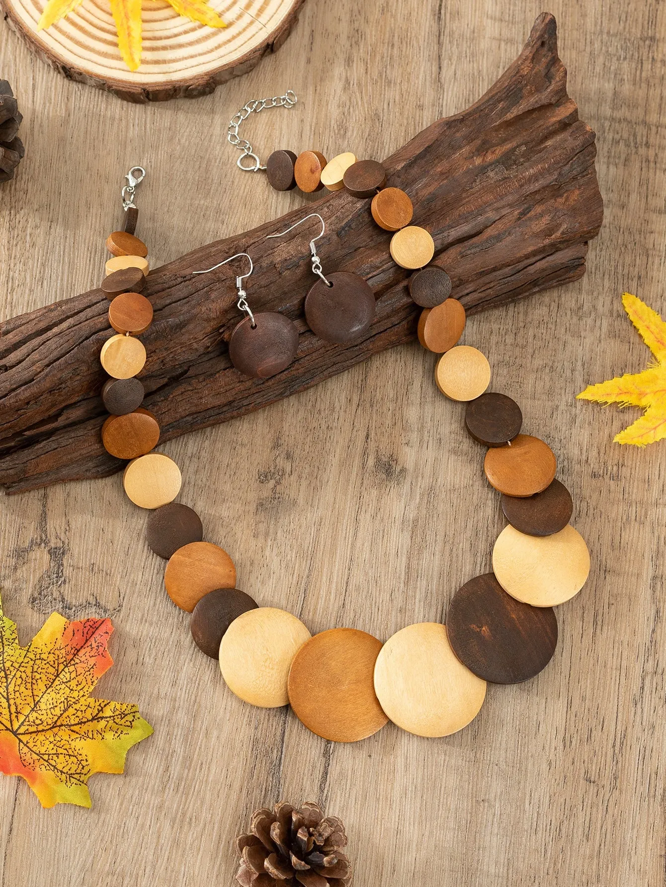 3pcs Bohemian Style Circular Decorative Wooden Jewelry Set For Women