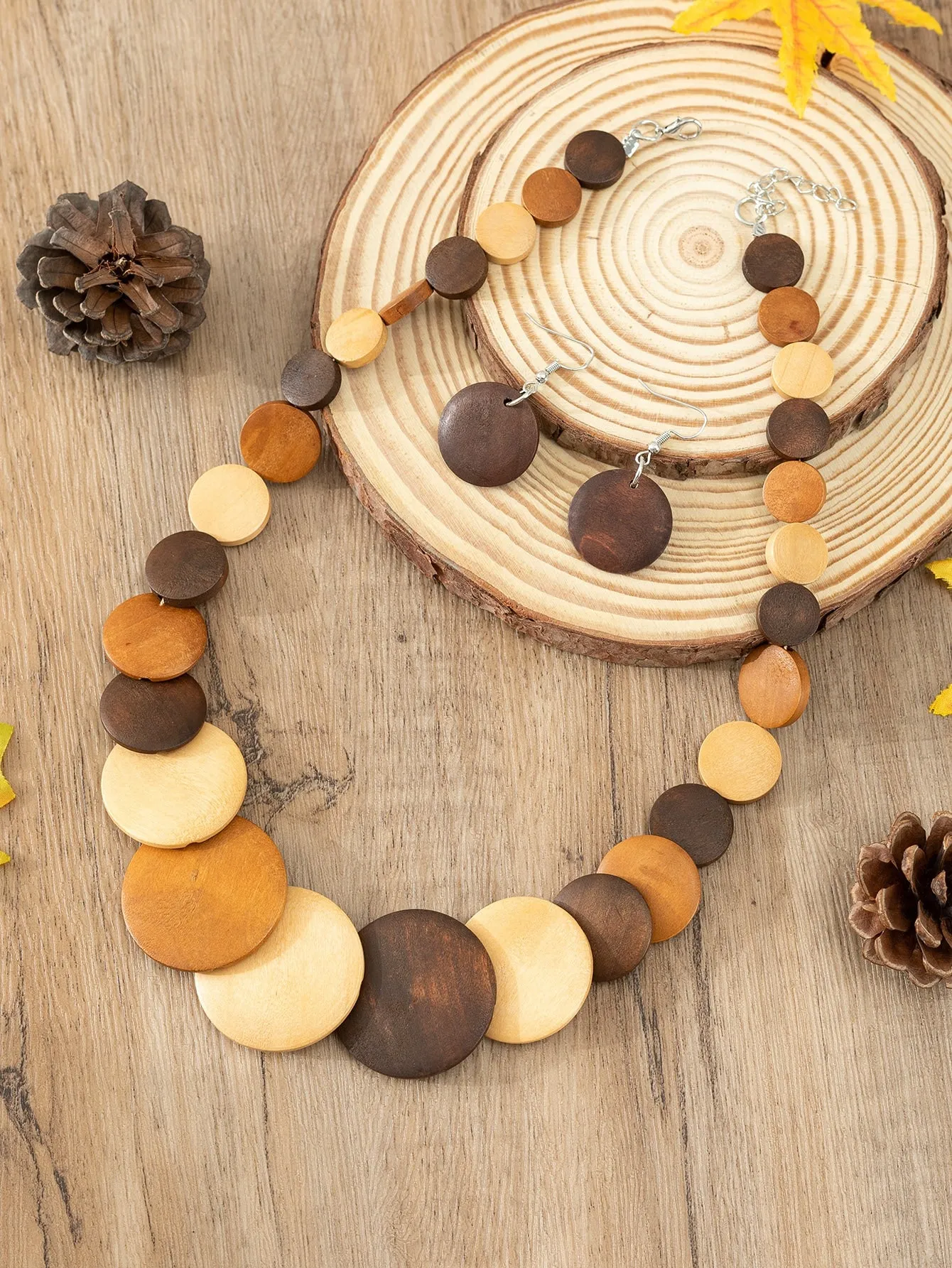 3pcs Bohemian Style Circular Decorative Wooden Jewelry Set For Women