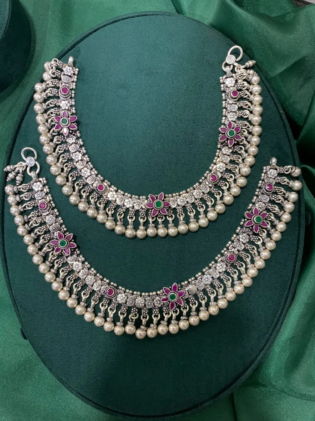 92.5 Silver Antique Finish Payal with Pink and Green Stones