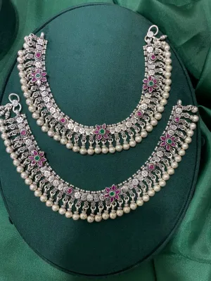 92.5 Silver Antique Finish Payal with Pink and Green Stones
