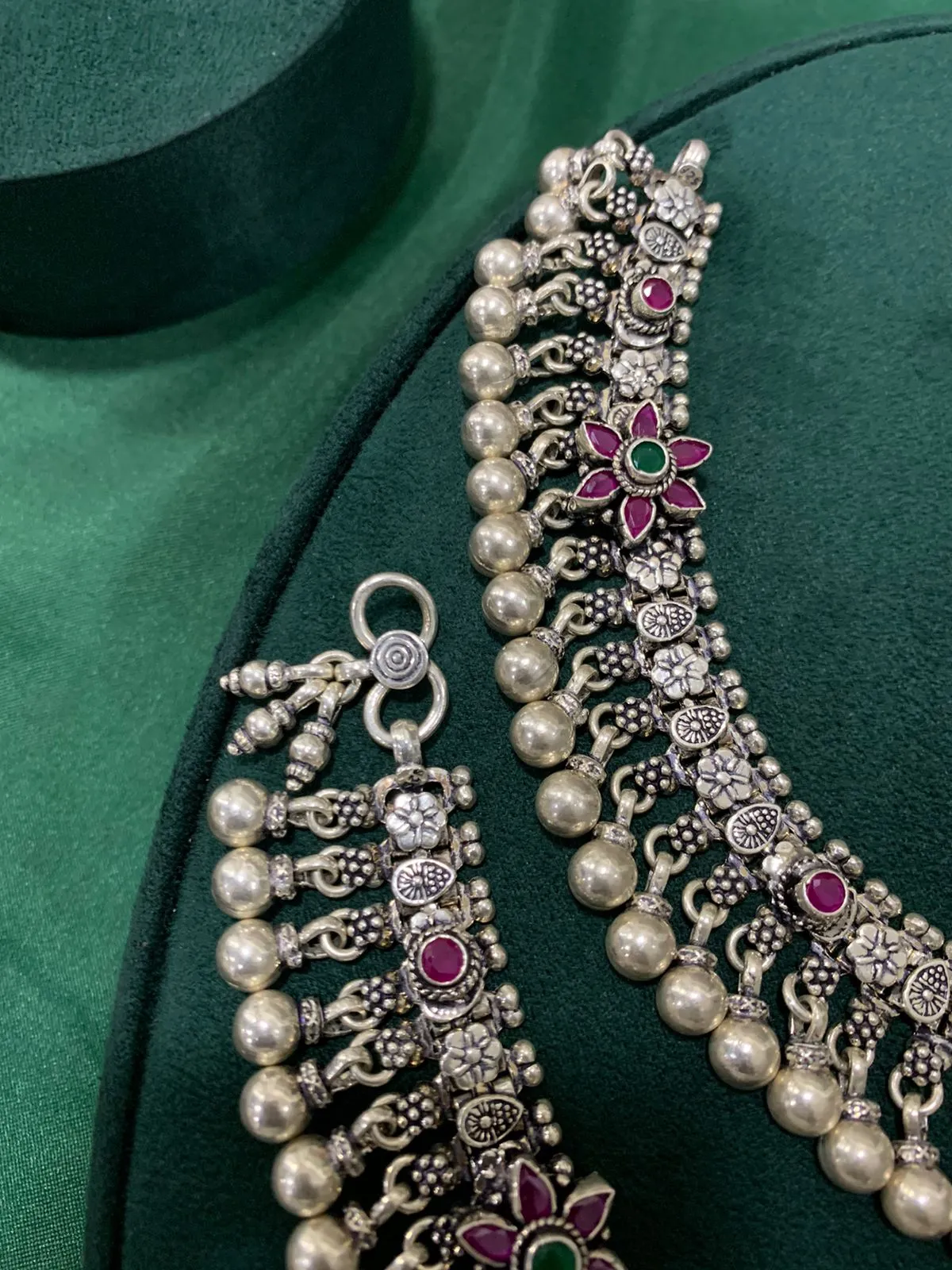 92.5 Silver Antique Finish Payal with Pink and Green Stones