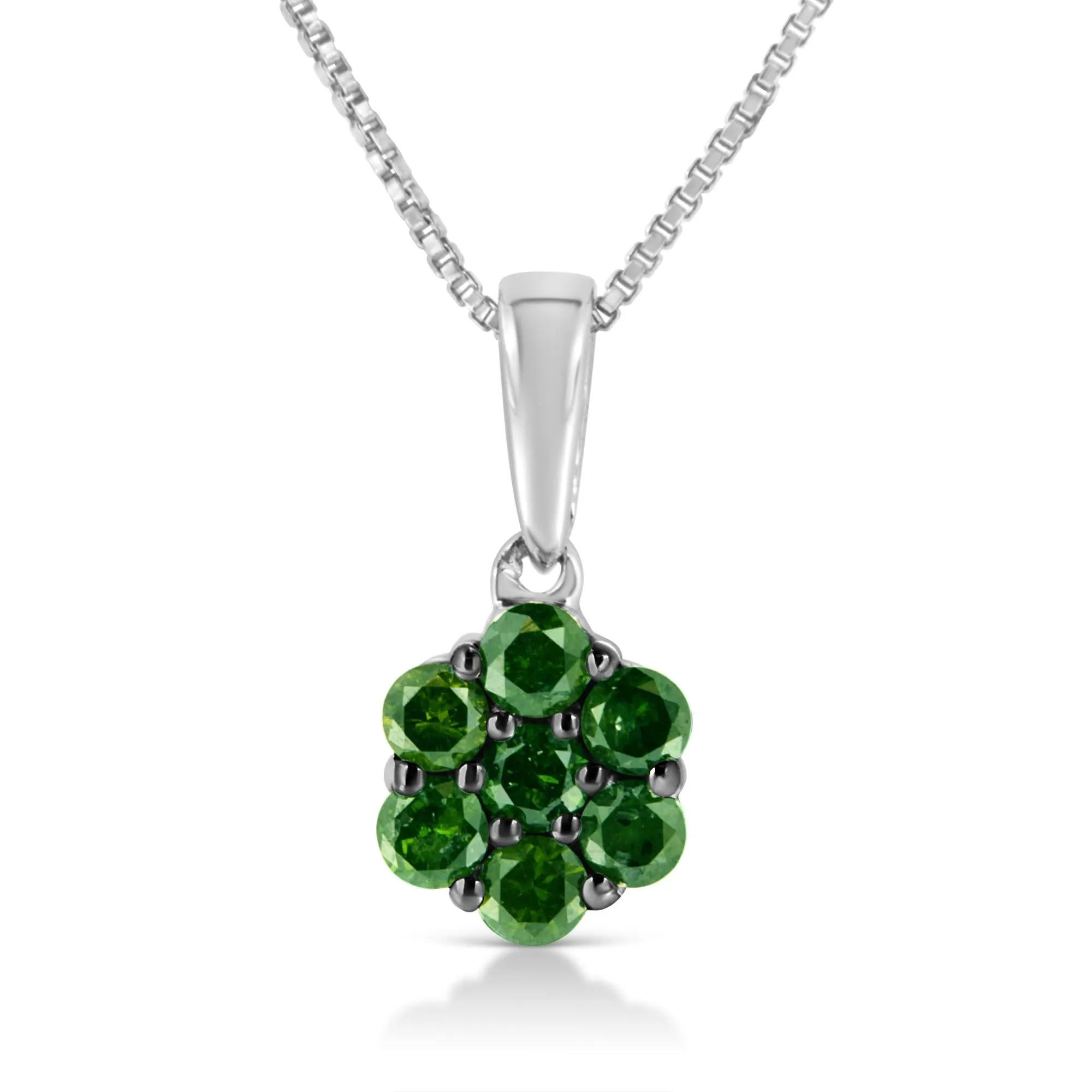 .925 Sterling Silver 1/2 Cttw Prong Set Treated Green Diamond Floral Cluster 18" Pendant Necklace (Green Color, I1-I2 Cl
