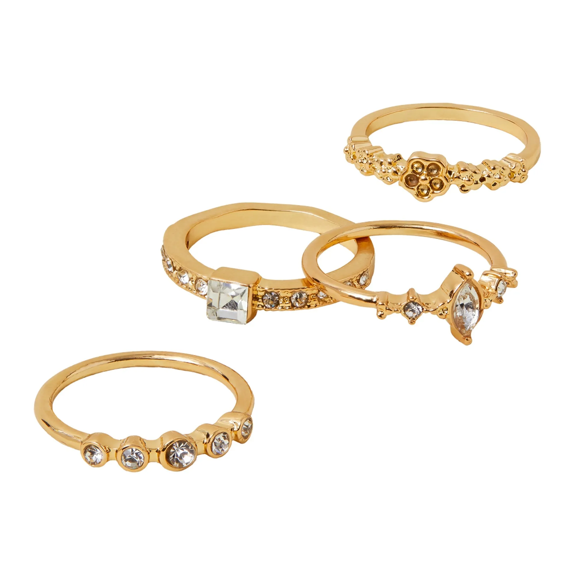 Accessorize London Women Gold Flower Sparkle Rings White Pack Of 4-Small