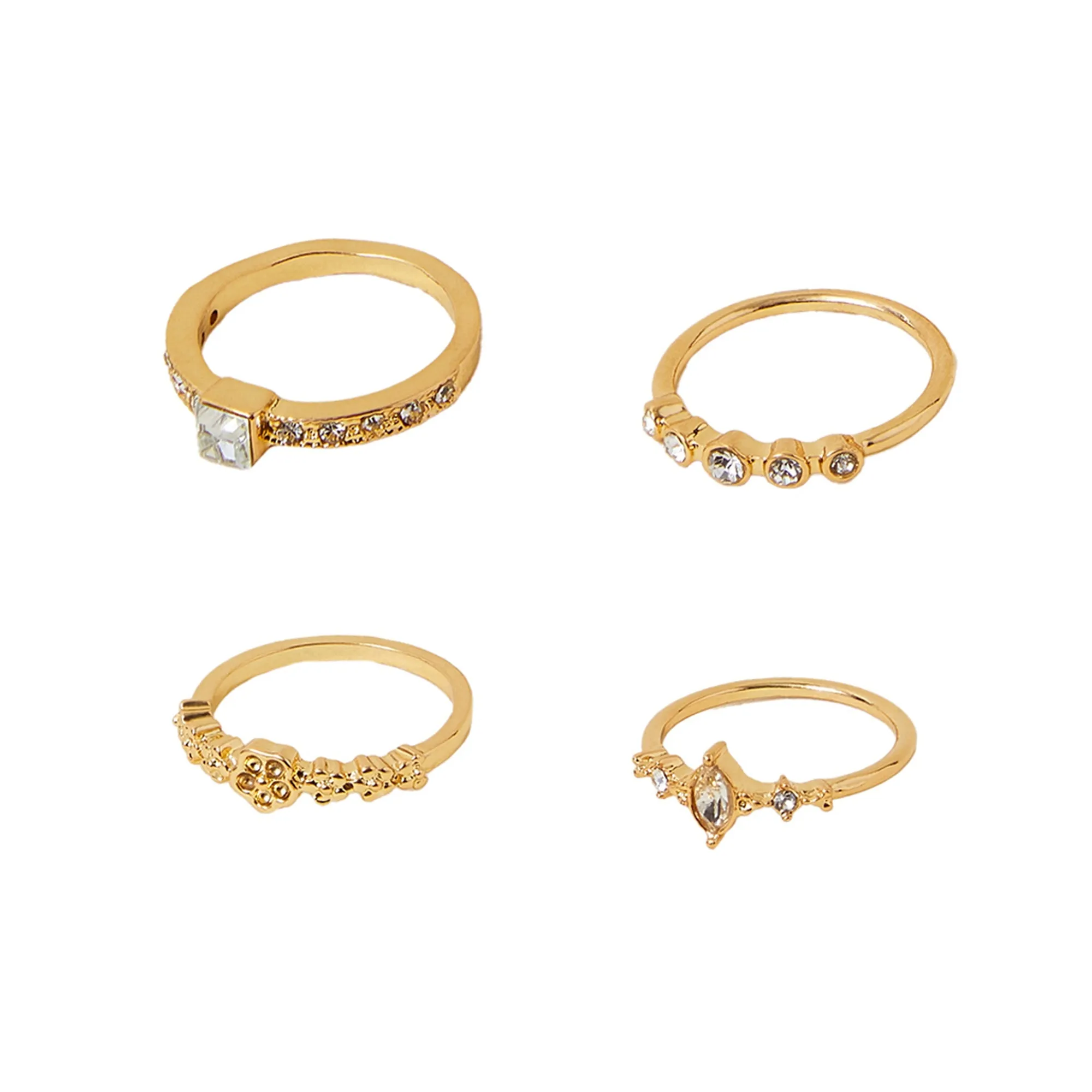 Accessorize London Women Gold Flower Sparkle Rings White Pack Of 4-Small