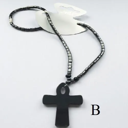 Black 18" Haematite Bead Cross Pendant Unisex Necklace