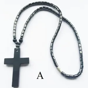 Black 18" Haematite Bead Cross Pendant Unisex Necklace