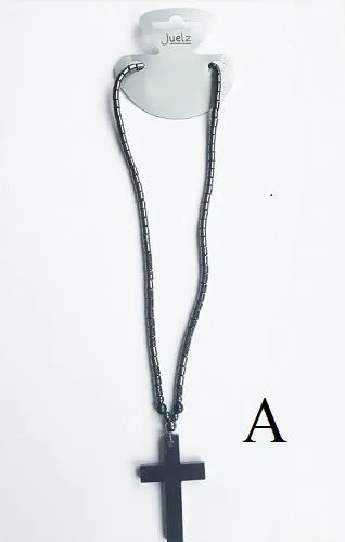 Black 18" Haematite Bead Cross Pendant Unisex Necklace