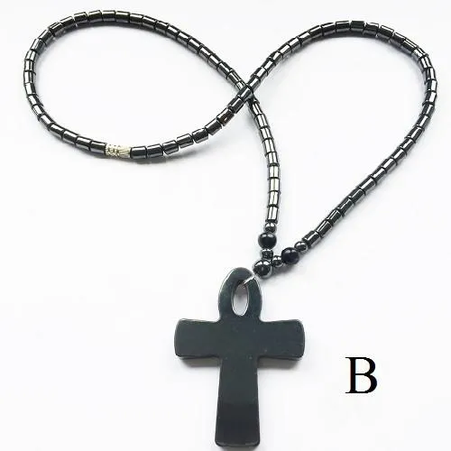 Black 18" Haematite Bead Cross Pendant Unisex Necklace