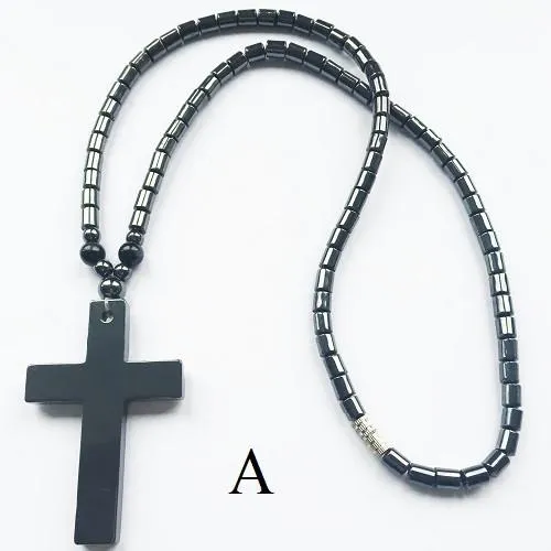Black 18" Haematite Bead Cross Pendant Unisex Necklace