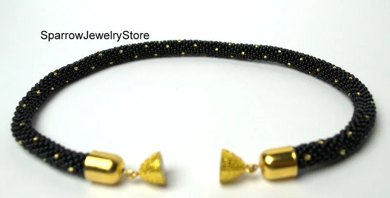 Black beaded choker necklace Handmade Seed Bead jewelry Statement crochet rope necklace Unique jewelry Gift for her Mother day gift idea