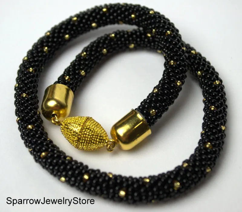 Black beaded choker necklace Handmade Seed Bead jewelry Statement crochet rope necklace Unique jewelry Gift for her Mother day gift idea