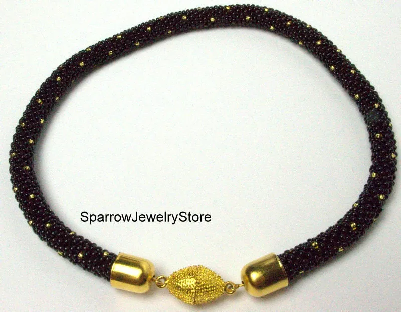 Black beaded choker necklace Handmade Seed Bead jewelry Statement crochet rope necklace Unique jewelry Gift for her Mother day gift idea