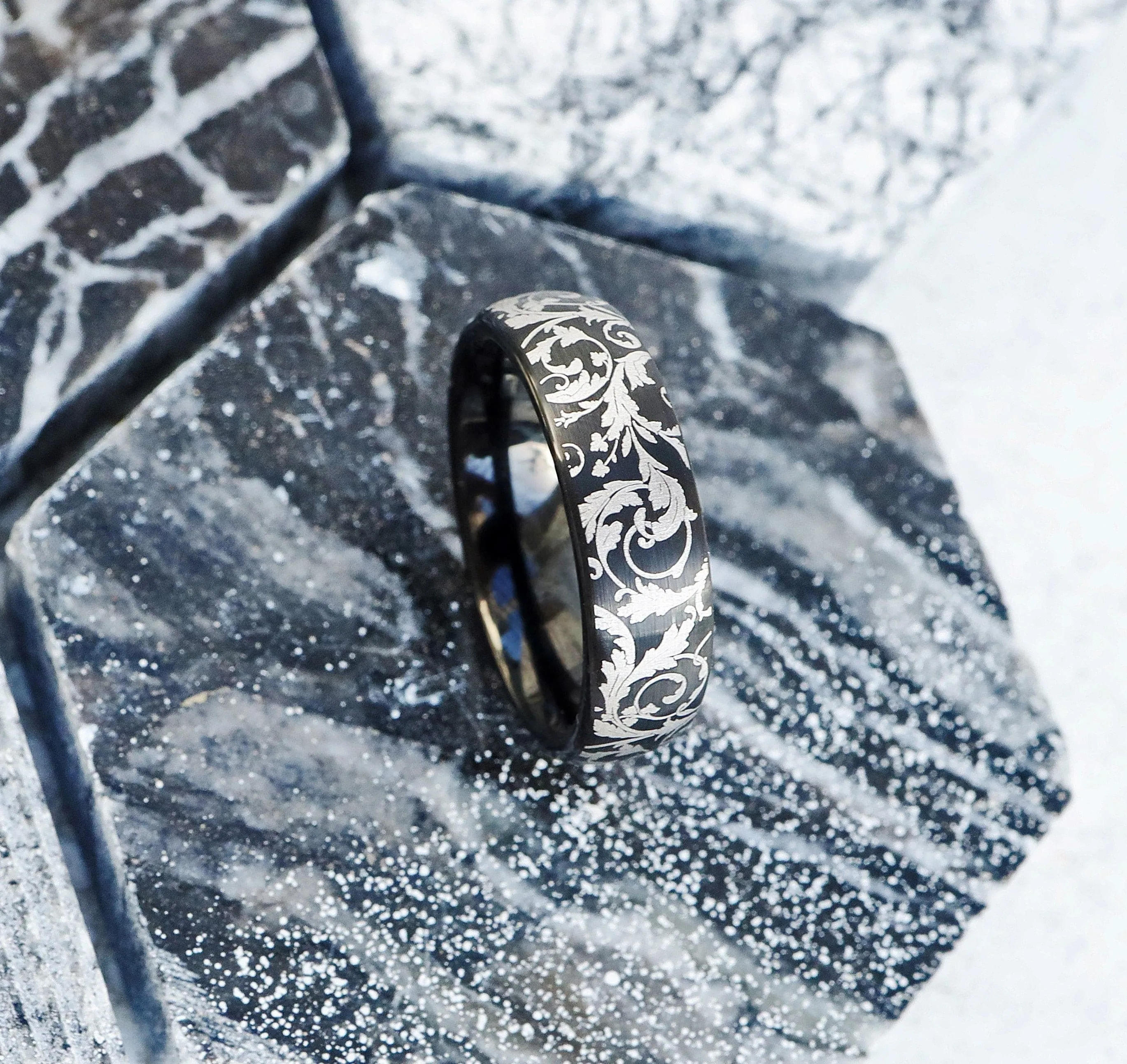 Black Leaf Pattern Ring, Leaf Filigree Pattern Wedding Band, Victorian Classic Style Wedding Ring, Detailed Intricate Filigree - 8mm