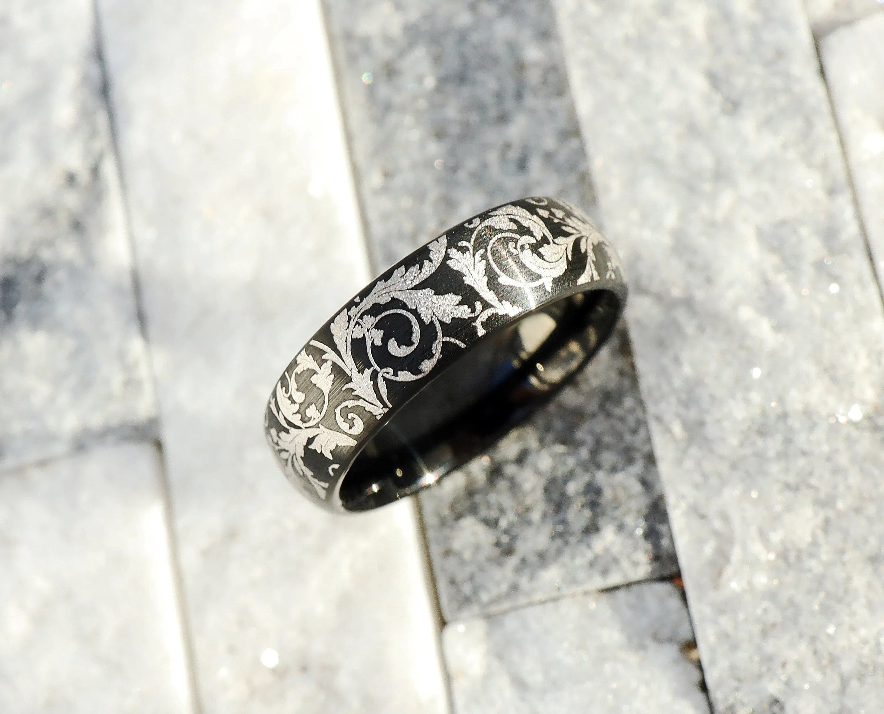 Black Leaf Pattern Ring, Leaf Filigree Pattern Wedding Band, Victorian Classic Style Wedding Ring, Detailed Intricate Filigree - 8mm