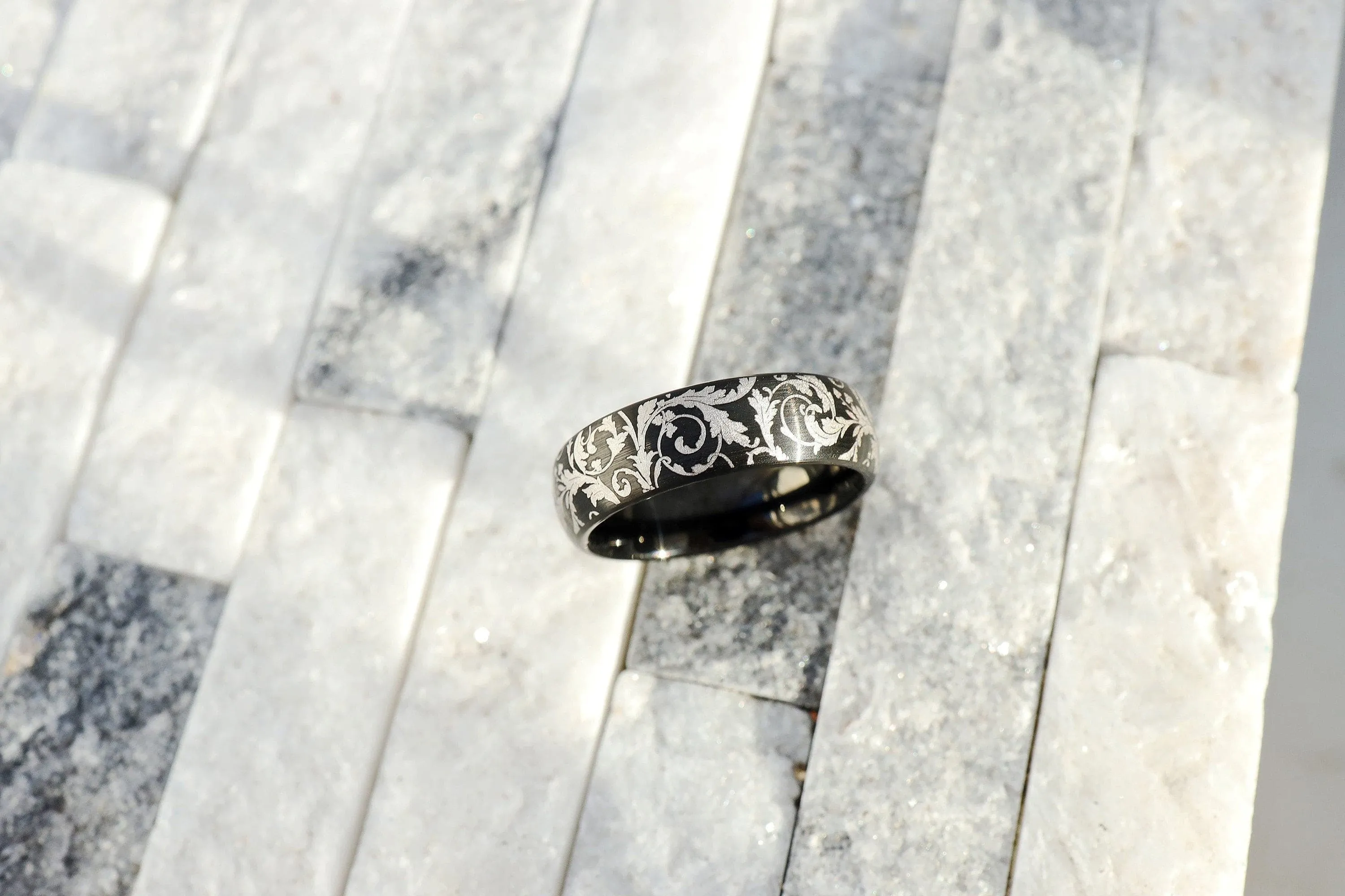 Black Leaf Pattern Ring, Leaf Filigree Pattern Wedding Band, Victorian Classic Style Wedding Ring, Detailed Intricate Filigree - 8mm