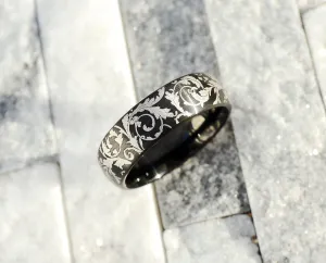 Black Leaf Pattern Ring, Leaf Filigree Pattern Wedding Band, Victorian Classic Style Wedding Ring, Detailed Intricate Filigree - 8mm