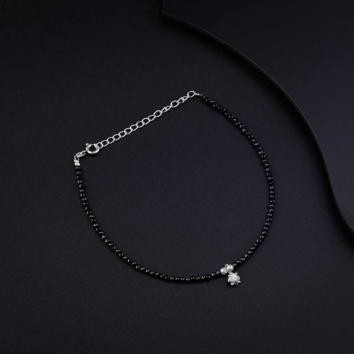 Black Spinel Anklet with Silver Charm and Pearl