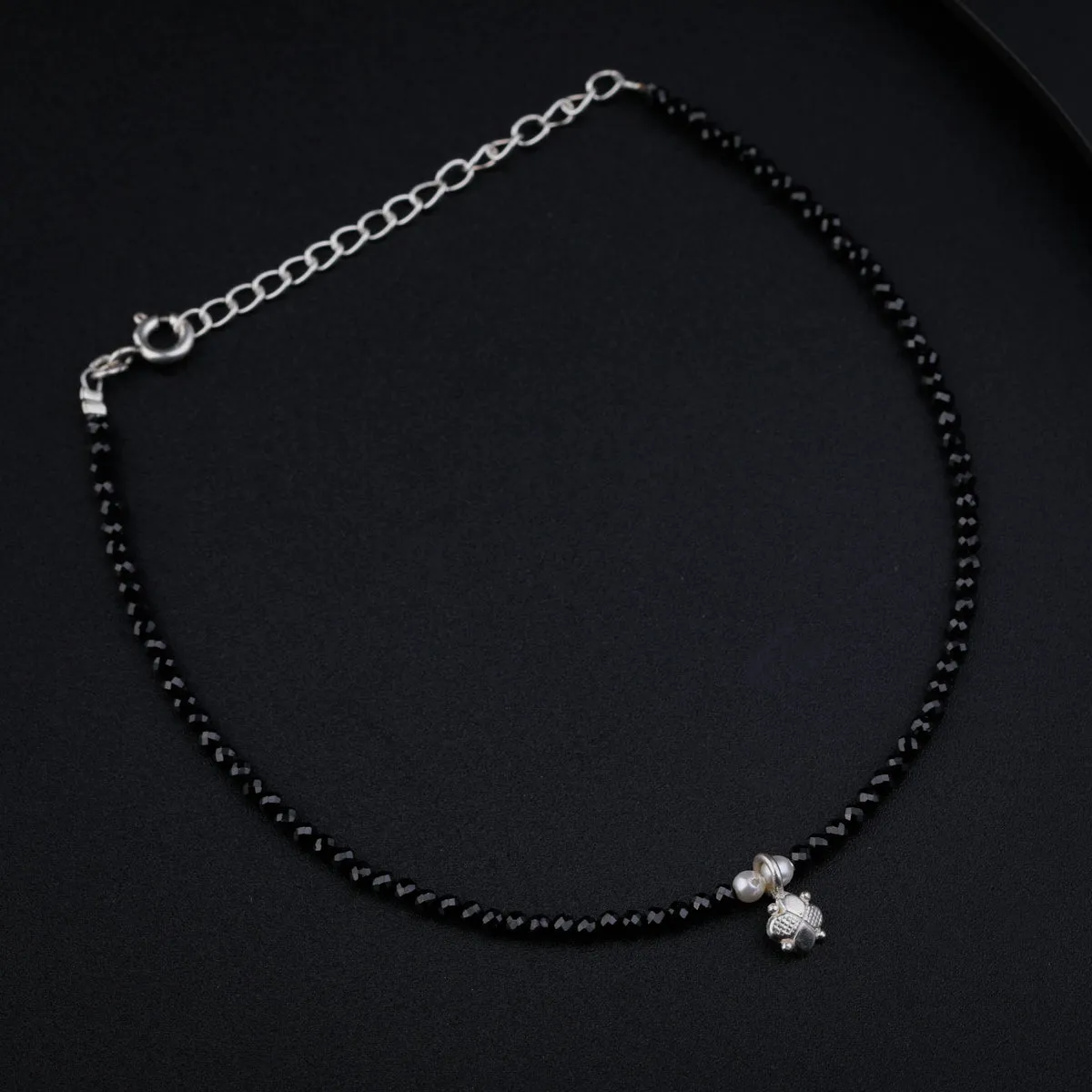 Black Spinel Anklet with Silver Charm and Pearl