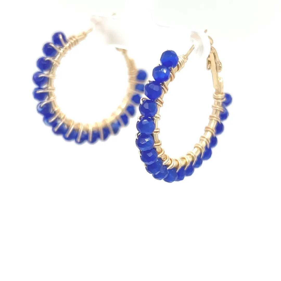 Blue Beaded Gold Hoop Earrings Small