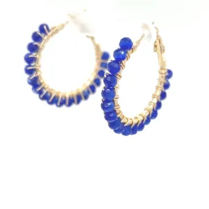 Blue Beaded Gold Hoop Earrings Small