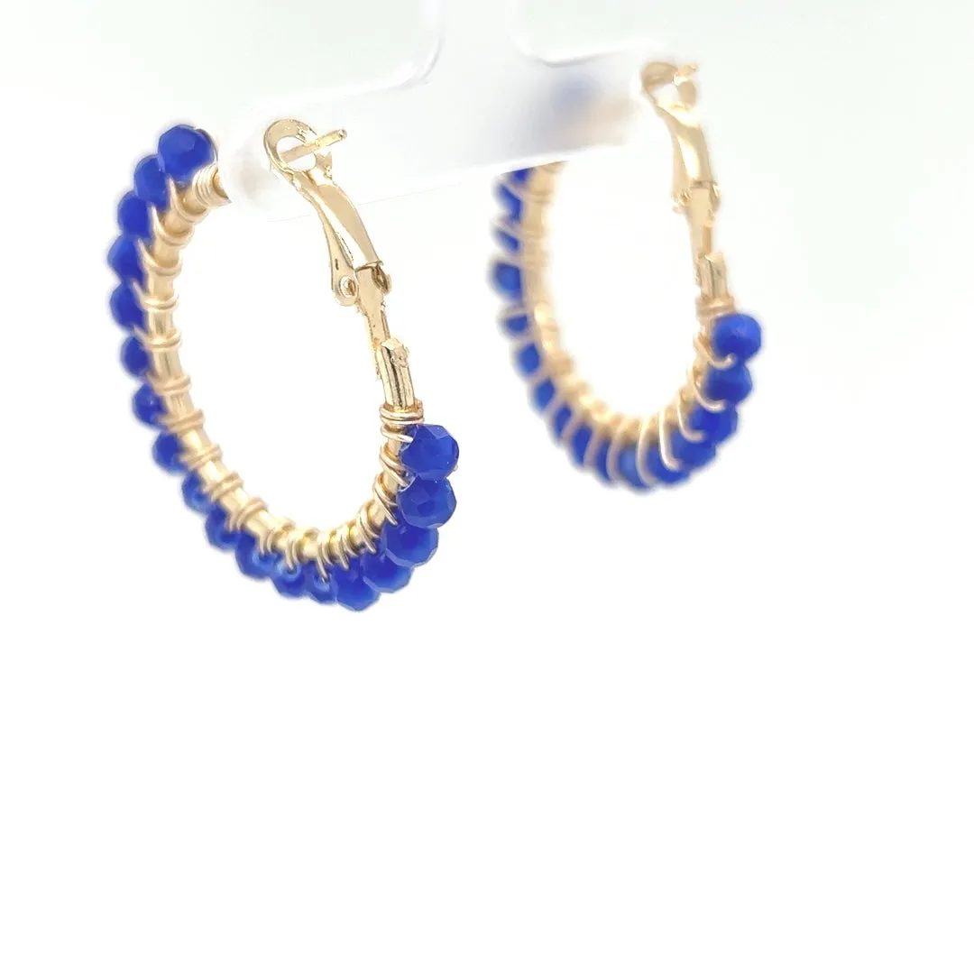 Blue Beaded Gold Hoop Earrings Small