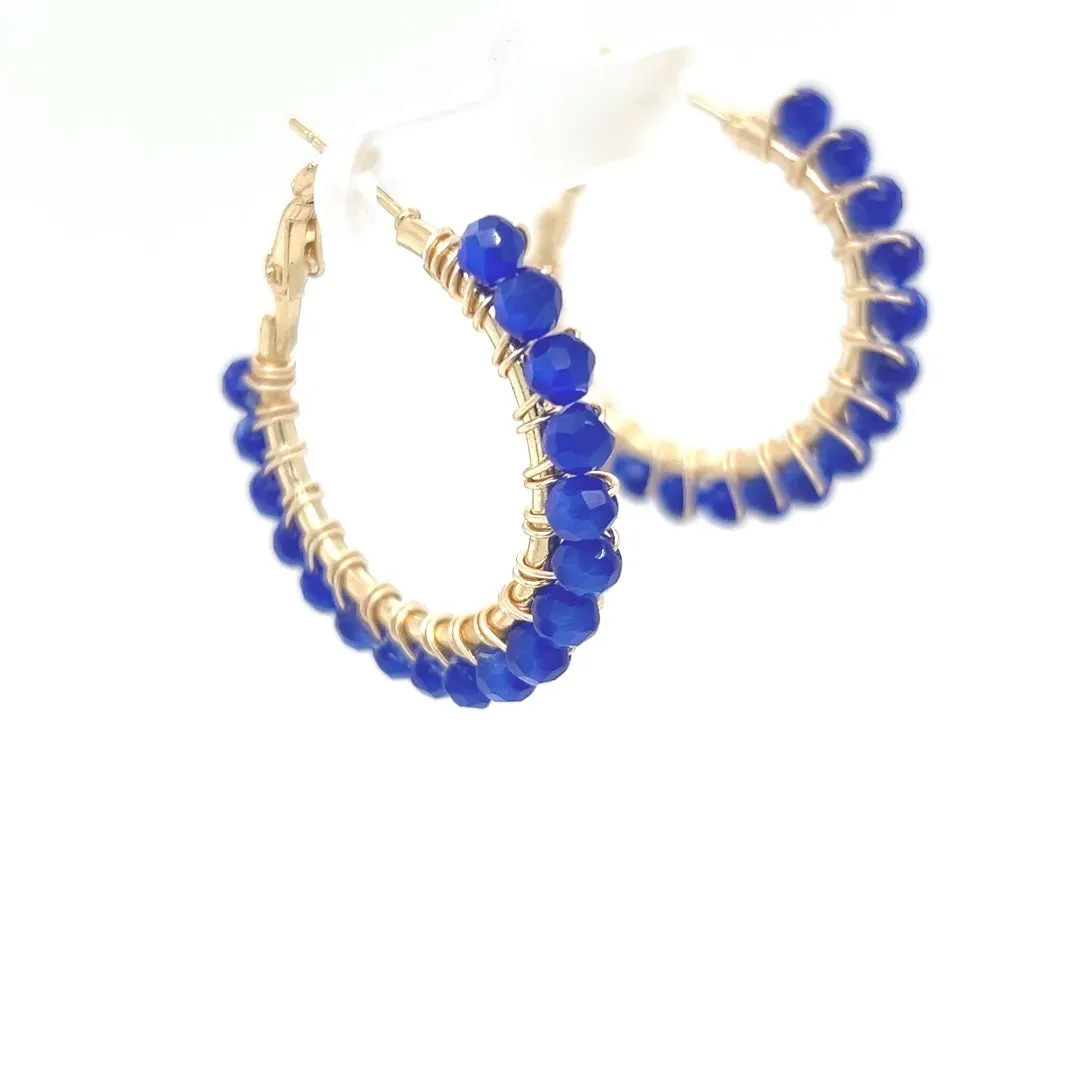 Blue Beaded Gold Hoop Earrings Small