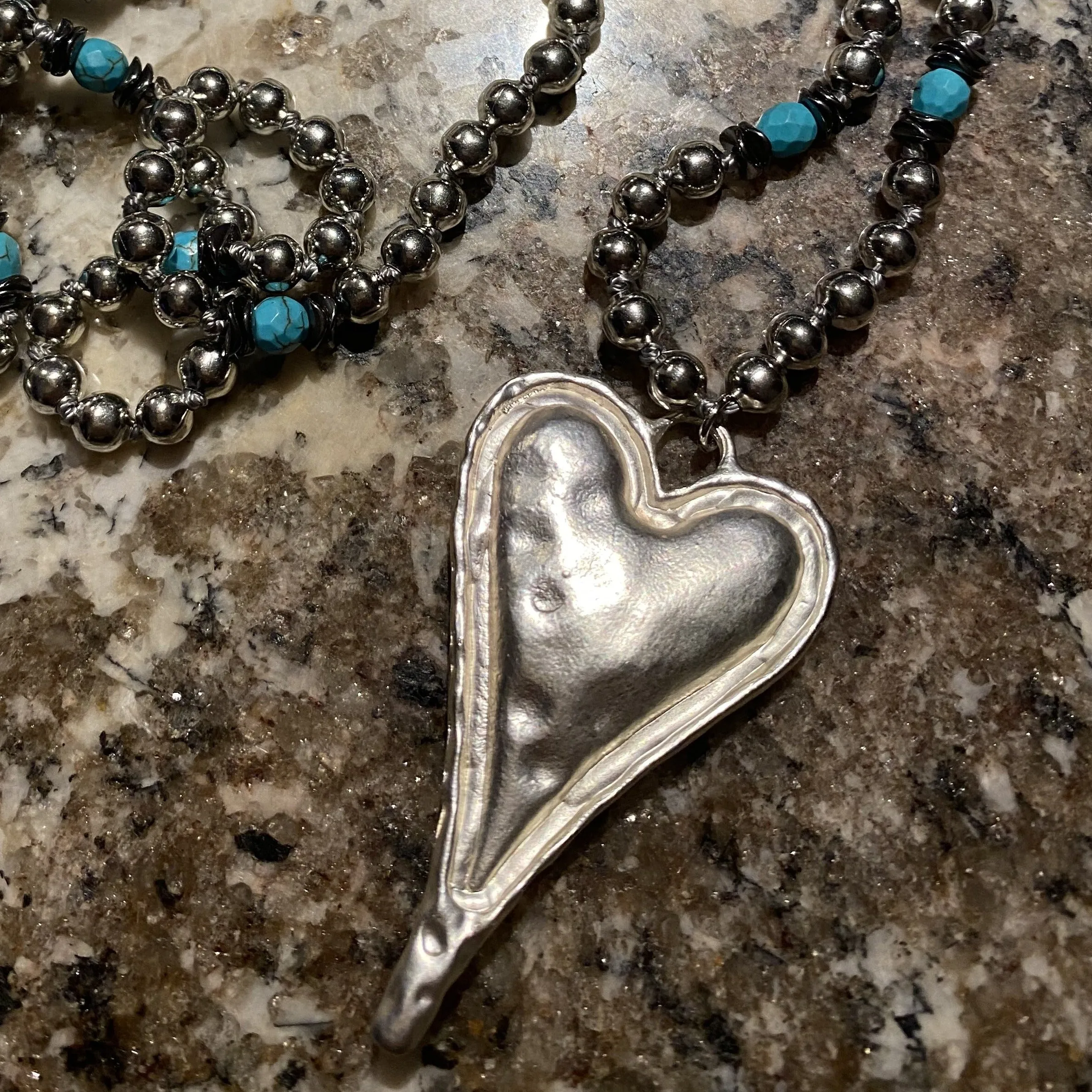 Bohemian Tribal Jewelry Metal Beads / Turquoise Heart Pendant Necklace