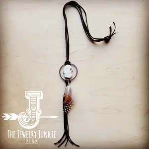 **Brown Boho Leather Necklace w/ White Turquoise & Spotted Feathers 256z