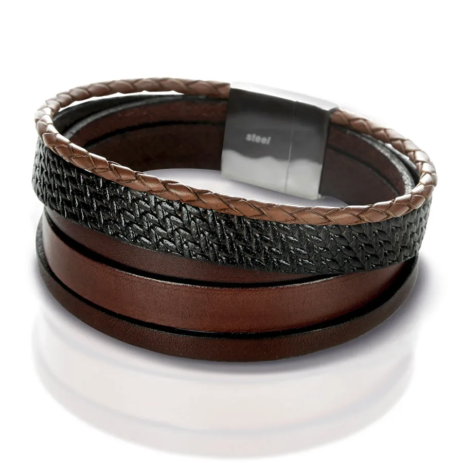 Brown Nappa Leather Men's Bracelet with a Magnetic Stainless Steel Clasp