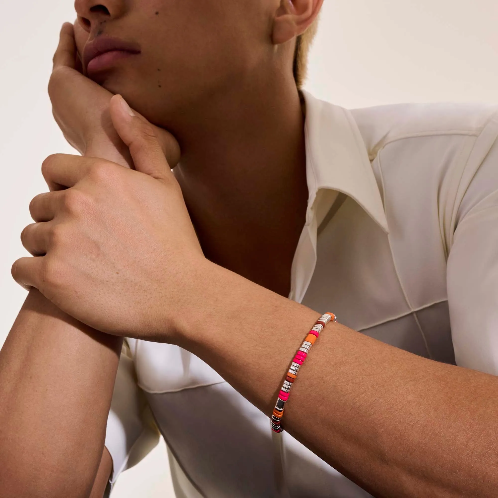 Colorblock Bracelet, Silver, Slim|BUS9012251PKORRJ