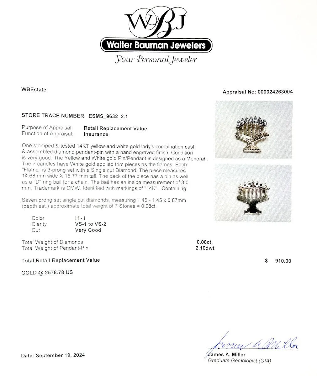 Estate 14K TT Gold 0.08ctw H-I/VS1-2 Diamond Menorah Pin/Pendant