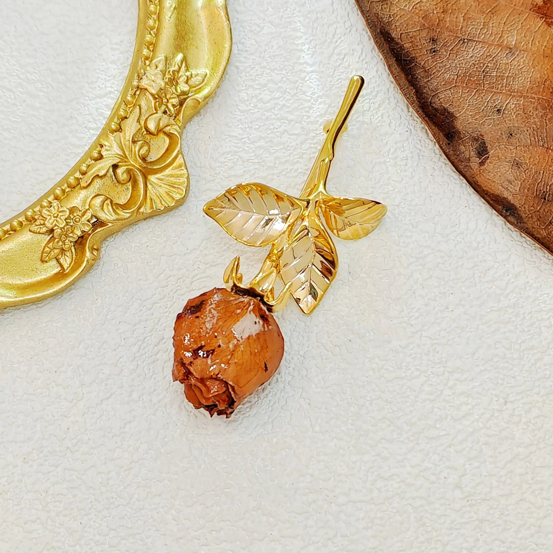 Gorgeous Real Dried Rose Bud Lapel Pin Brooch Gold Tone