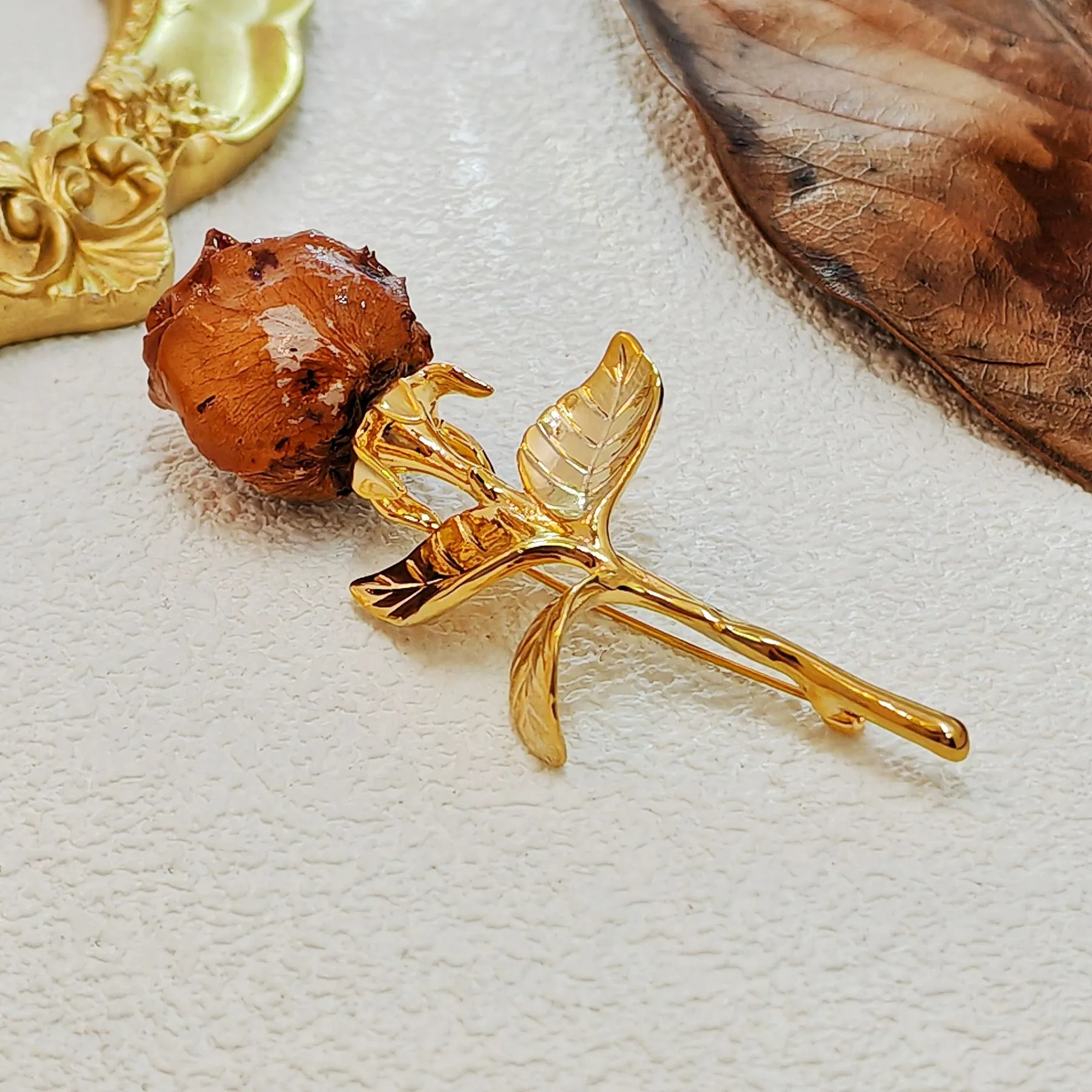 Gorgeous Real Dried Rose Bud Lapel Pin Brooch Gold Tone