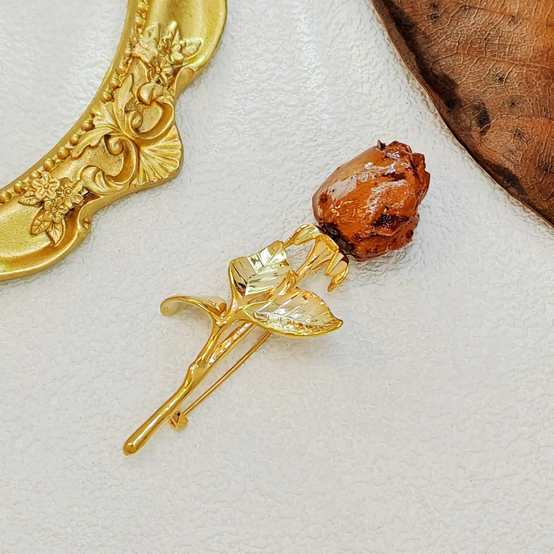 Gorgeous Real Dried Rose Bud Lapel Pin Brooch Gold Tone