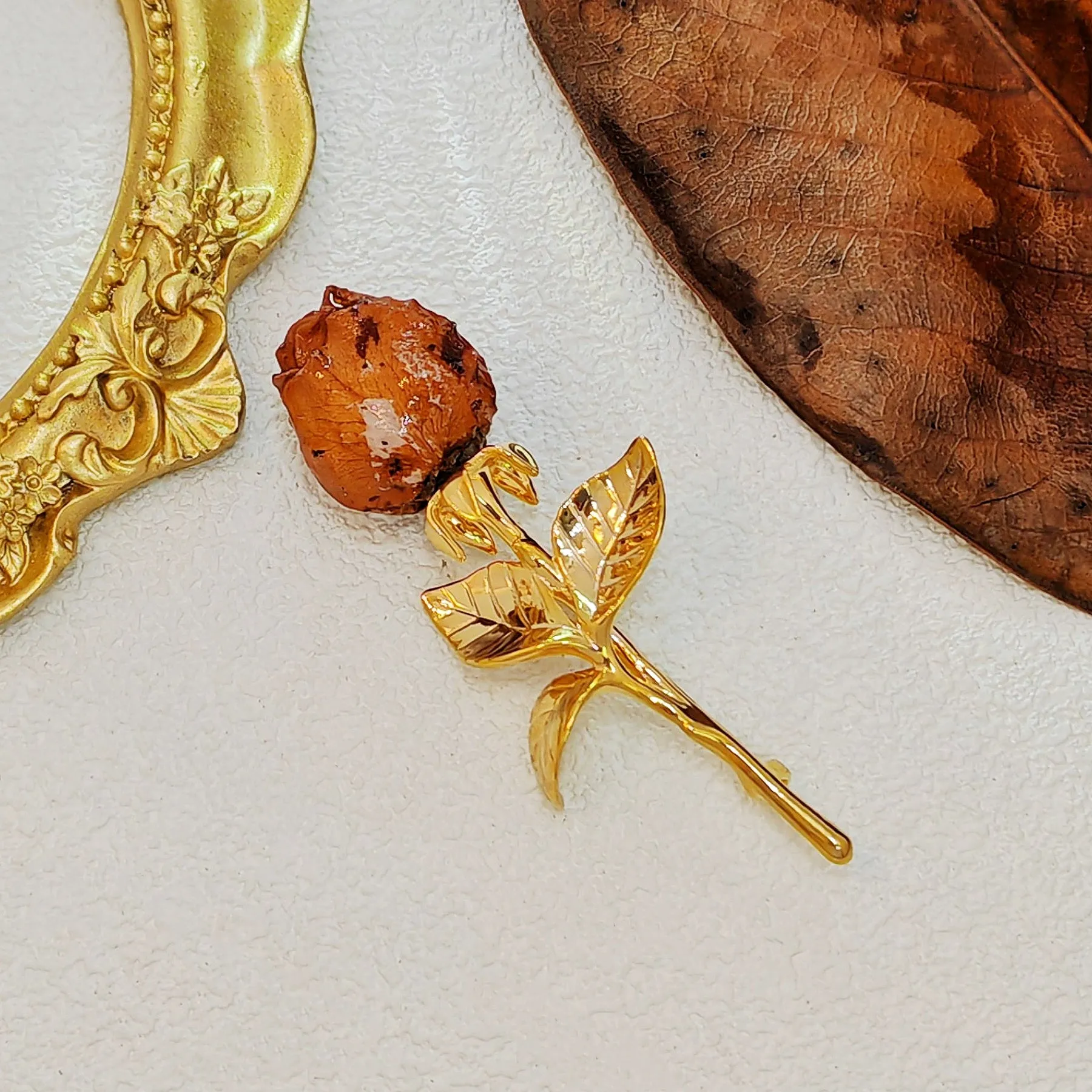 Gorgeous Real Dried Rose Bud Lapel Pin Brooch Gold Tone