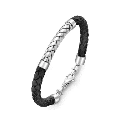 Hoxton London Men's Sterling Silver Herringbone Black Leather Bracelet