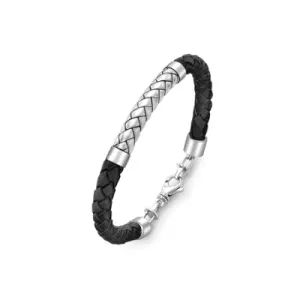 Hoxton London Men's Sterling Silver Herringbone Black Leather Bracelet
