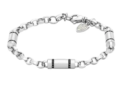 Hoxton London Men's Sterling Silver Stone Black Zirconia Cylindrical Link Bracelet