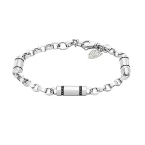 Hoxton London Men's Sterling Silver Stone Black Zirconia Cylindrical Link Bracelet