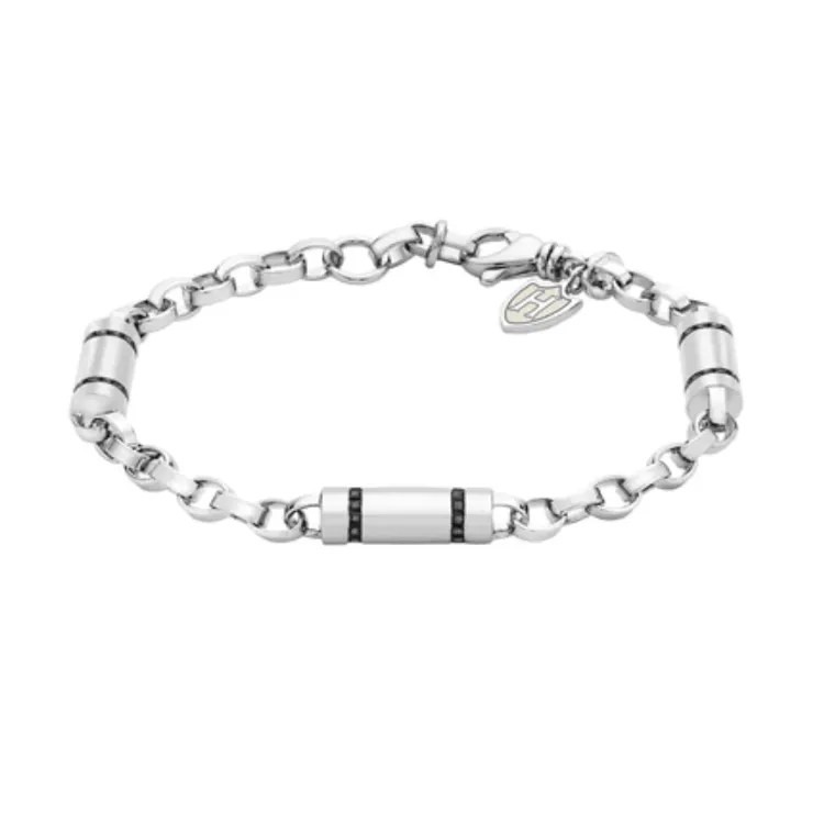 Hoxton London Men's Sterling Silver Stone Black Zirconia Cylindrical Link Bracelet