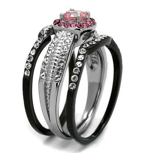 Jewellery Kingdom Pink Sapphire Black Stainless Steel Cubic Zirconia Wedding Engagement Ladies Ring Set