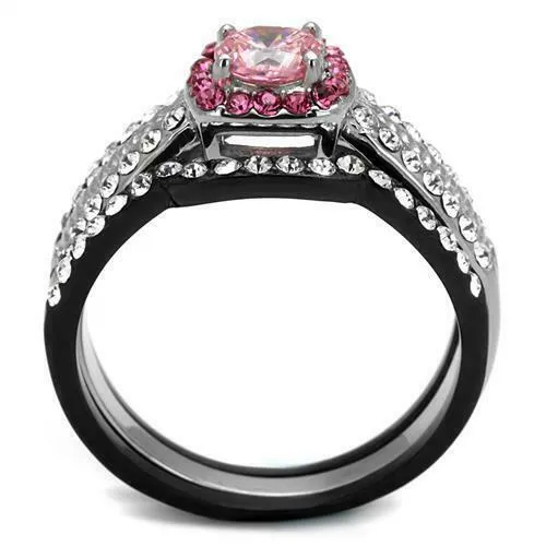 Jewellery Kingdom Pink Sapphire Black Stainless Steel Cubic Zirconia Wedding Engagement Ladies Ring Set